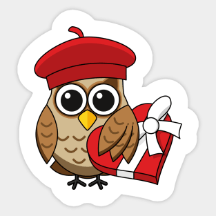 Cute Owl with Red Beret and Heart Box Sticker